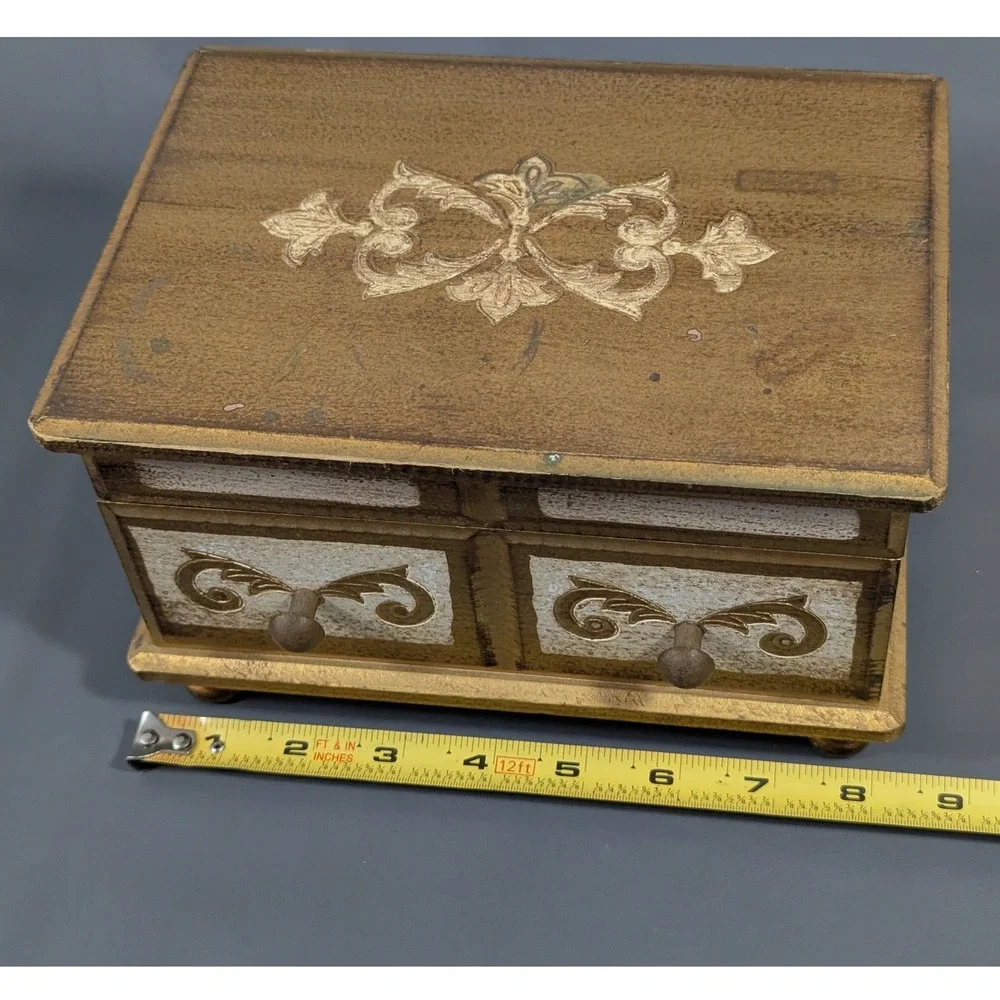 Vintage Gold Wood Jewelry Box Red Velvet Lined Cantilever Tray Scrollwork